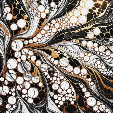 Lüks, soyut, akışkan siyah, beyaz ve gri girdapları, daireleri ve parlak altın çizgileri olan üç boyutlu mermer desen. Vektör mermer desenli modern süs arkaplanı. Mermer efektli güzel tasarım.