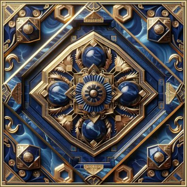 Altın geometrik şekilleri ve zengin mavi mermer dokuları olan lüks 3D sanat deco dekoratif fayans deseni. Antika stil kraliyet mermer arka planı mücevher taşları, klasik çiçekler, yapraklar.