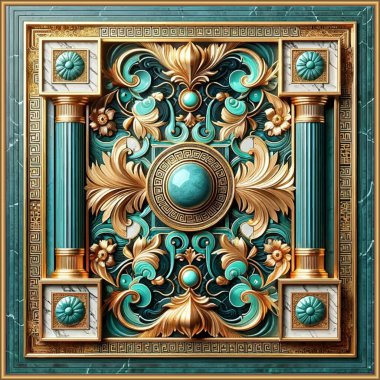 Lüks 3d sanat deco barok Yunan tarzı mermer döşeme şablonu turkuaz altın mücevher taşları, sütunlar, klasik çiçekler, yapraklar, altın çerçeveli. Vektör süslemeli kraliyet tasarımı.