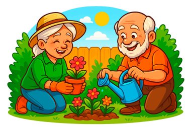 Neşeli, mutlu, yaşlı bir çiftin arka bahçelerinde bahçeyle uğraşırken çekilmiş renkli bir karikatür çizimi. Beyaz arkaplanda izole edilmiş parlak vektör tasarımı.