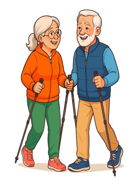 Yaşlı bir çiftin sırıklarla yürüdüğü, gülümseyen ve beyaz arka planda egzersiz yapmaktan hoşlandığı renkli karikatür tarzı eğlenceli bir tasvir. Vektör izole edilmiş parlak tasarım.