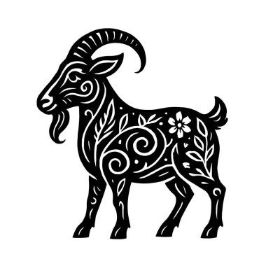 Beyaz arka planda sarmal boynuzları, çiçekli ve yapraklı vücut süslemeleri ve stilize edilmiş sakallı koyu siyah çizgi sanatı ile süslü keçi burcu tabelası. İzole edilmiş keçi silueti tasarımı.