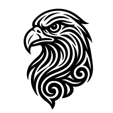 Kalın siyah çizgili sanat odaklı gözlerle stilize edilmiş süs kartalı kafası kabileden esinlenilmiş kıvrımlı gaga ve dinamik tüy hatları ve karmaşık bukleler. Beyaz arkaplanda izole edilmiş kartal silueti.