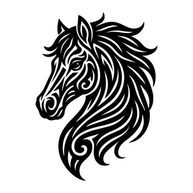 Süslü at kafası koyu siyah çizgili sanatsal anlamlı gözler karmaşık girdapları ve kabile esinlenilmiş desenleri olan zarif bir yelesi var. Beyaz arka planda temiz bir vektör silueti. Modern tasarım