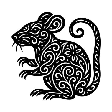 Süslü, siyah çizgili, çiçekli ve dönen kabile desenleriyle süslenmiş bir sıçan. Beyaz arkaplanda dekoratif biçimlendirilmiş vektör faresi.