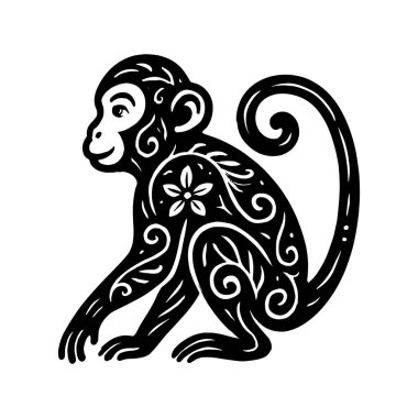 Süslü vektör maymun zodyak işareti koyu siyah çizgi sanatı, kıvrık kuyruklu, çiçekli ve yapraklı motifli, ve beyaz bir arkaplan üzerine kurulu neşeli bir ifade. İzole edilmiş maymun tasarımı.