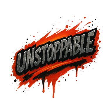 Grafiti stili UNSTOPPLE metalik parlaklıkta keskin siyah harflerle, damlayan desenli kırmızı boya izinden patlıyor. Beyaz arkaplanda izole edilmiş trend vektörü.