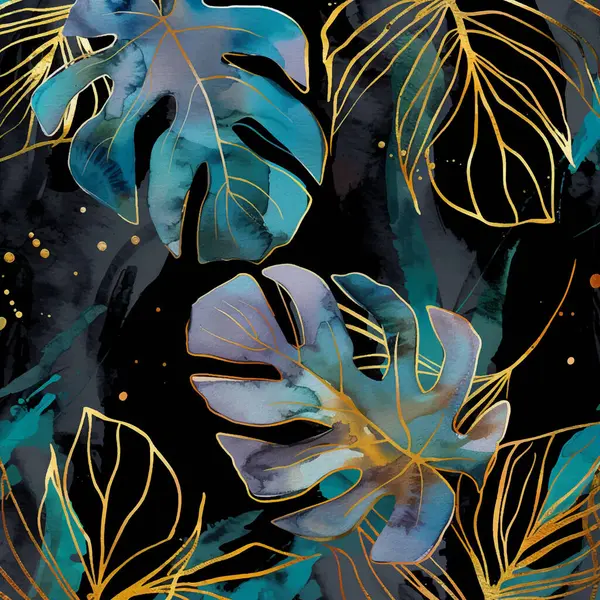Suluboya canavar yaprakları ve koyu arkaplanda altın çizgileri olan lüks tropikal vektör deseni. Sanatsal fırça dokuları olan şık ve modaya uygun botanik tasarımı. Güzel çağdaş sanat eserleri.