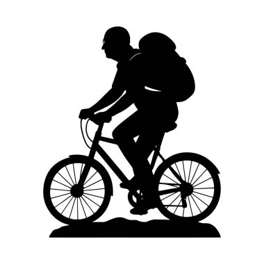 Sırt çantasıyla bisiklet süren yaşlı bir adamın siyah vektör silueti. Basit minimalist stil beyaz arkaplanda izole edilmiş siluet. Seyahat.