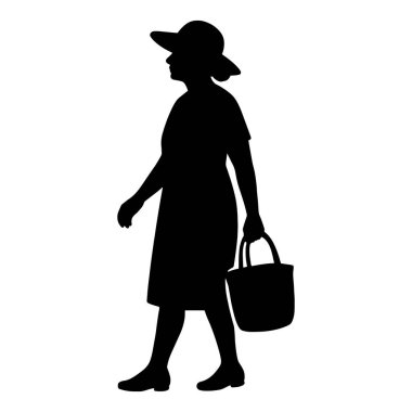 Çanta taşıyan geniş kenarlı şapkalı yaşlı bir kadının siyah vektör silueti. Beyaz arkaplanda basit minimalist stil izole edilmiş siluet.