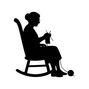 Sallanan sandalyede örgü ören yaşlı bir kadının siyah vektör silueti. Beyaz arkaplanda basit minimalist stil izole edilmiş siluet.