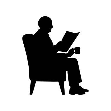 Elinde gazete ve fincanla koltukta oturan yaşlı bir adamın siyah vektör silueti. Beyaz arkaplanda basit minimalist stil izole edilmiş siluet.