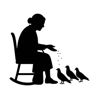 Güvercinleri besleyen yaşlı bir kadının siyah vektör silueti. Beyaz arkaplanda basit minimalist stil izole edilmiş siluet.