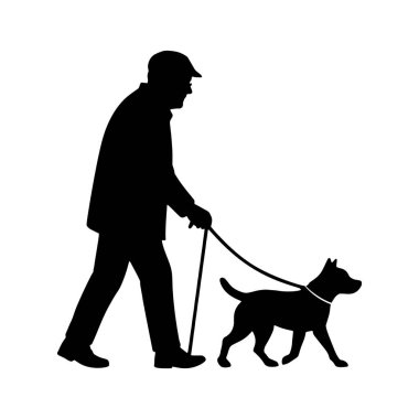 Köpeği gezdiren yaşlı bir adamın siyah vektör silueti. Beyaz arkaplanda basit minimalist stil izole edilmiş siluet.