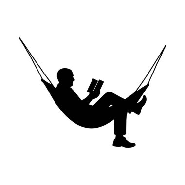Hamakta kitap okuyan yaşlı bir insanın siyah vektör silueti. Beyaz arkaplanda basit minimalist stil izole edilmiş siluet.