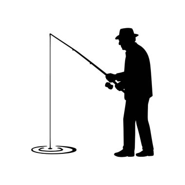 Gölde balık tutan yaşlı bir adamın siyah vektör silueti. Beyaz arkaplanda basit minimalist stil izole edilmiş siluet.