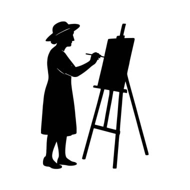 Bir sehpada resim yapan yaşlı bir kadının siyah vektör silueti. Beyaz arkaplanda basit minimalist stil izole edilmiş siluet.