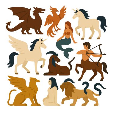 Efsanevi efsanevi yaratıklar dizisi. Ejderha, tekboynuz, denizkızı, sentor, anka kuşu, griffin, kimera ve diğer fantezi canavarları içerir. Efsaneler ve folklor temaları için vektör illüstrasyonu.