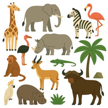 Afrika ve tropik hayvanlardan oluşan düz vektör kümesi zürafa, fil, zebra, flamingo, bufalo, su aygırı, maymun, gergedan, kuşlar, kertenkele, antilop, palmiye ağacı ve otlardan oluşur. Beyaz üzerine izole tasarım.