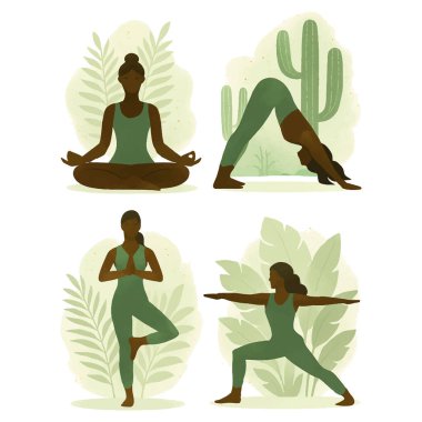 Dışarıda yoga yapan bir grup kadın. Dört sakin poz, yumuşak sulu boya tarzında yeşil tropikal bitkiler ve kaktüslerle çevrili. Sağlık ve farkındalık vektör çizimi. Beyaz üzerine izole tasarım.