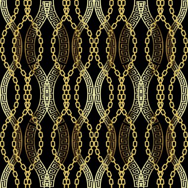 Altın zincirli 3D kusursuz vektör deseni ve siyah arka planda Yunan anahtar motifleri. Şatafatlı moda dokusu kumaş, tekstil, duvar kağıdı ve zarif yüzey tasarımı için mükemmel. Sonsuz süsler.