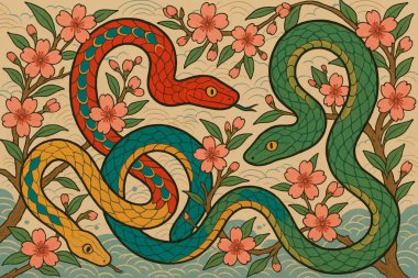 Oryantal Japon tarzı yılanlar kiraz çiçekleriyle sarmalanmış geleneksel çiçek zarafeti ve sembolik cazibeyle geleneksel vektör deseni çizimi tekstil ya da kültürel tasarım için mükemmel..