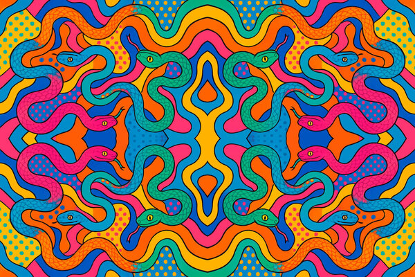 Psychedelic snakes in pop-art style with vivid waves, squiggles and dots, colorful vector seamless pattern with surreal symmetry and hypnotic vibes, perfect for bold fabric or fashion design.
