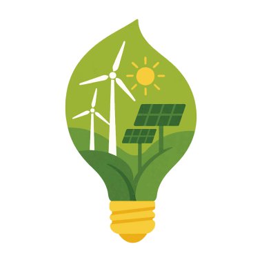 Güneş panelleri ve rüzgar türbinleri içeren yaprak şeklinde bir ampul. Yeşil ve sarı tonlu yeşil enerji sembolü. Beyaz arkaplanda izole illüstrasyon.