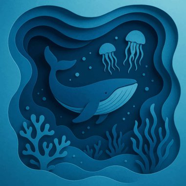 3D sualtı kağıt kesimi okyanus manzarası arka planında bir balina, denizanası, mercan resifleri ve katmanlı mavi renkte dalgalar var. 3B efektli rüya gibi deniz vektör çizimi.
