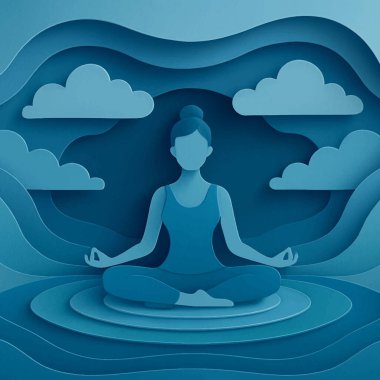 Lotus pozunda meditasyon yapan bir kadının 3D katmanlı kağıt kesiği çizimi, vektör desenli dalgalı çizgiler, üç boyutlu efektli mavi zemin..