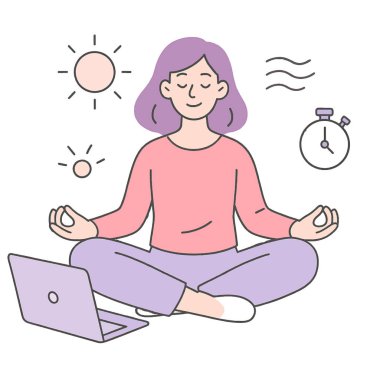 Düz çizgi filmdeki kadın dizüstü bilgisayarın yanında meditasyon yapıyor. Etrafı güneş, rüzgar ve zamanlayıcı sembolleriyle çevrili. Dijital denge ve farkındalığı teşvik eden en az pastel çizim. Beyaz arkaplanda izole edilmiş vektör.