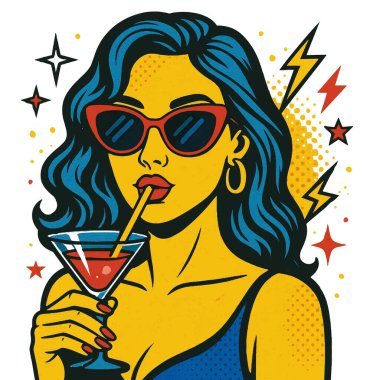 Koyu mavi saçlı, kırmızı gözlüklü ve pipetle kırmızı kokteyl yudumlayan çekici bir kadının pop sanat vektör çizimi. Beyaz arkaplanda izole çizgi roman tarzı tasarımı.
