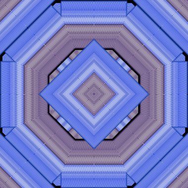 Mor ve mavi tonlarda pürüzsüz, soyut dokuma desenli, grunge katmanlı kare ve elmas şekilli. Geometrik tekstil, üç boyutlu görsel efektli dokudan esinlenmiştir. Sonsuz yüzey dokusu taşıyıcı.