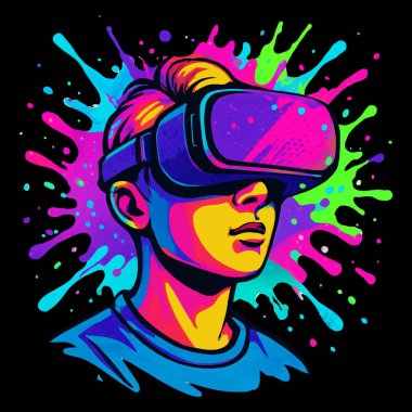 Sanal gerçeklik kulaklığı takan bir çocuğun pop sanat vektör çizimi, neon sıçramaları ve canlı renkler heyecan ve büyüleyici dijital deneyimi ifade ediyor. Siyah zemin üzerine modern teknoloji kavramı.