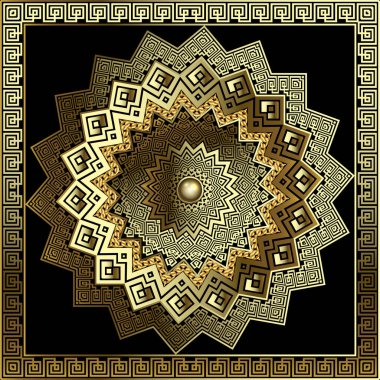 3D, Yunan zigzag mandala 'sını karmaşık altın çerçeve desenleri ve siyah arka planda kare çerçeve sınırıyla süsledi. Dekoratif dairesel ışıldayan vektör tasarımı, lüks sanat ve zarif baskılar için mükemmel..