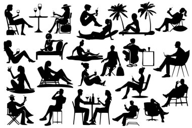 Plajda ve oturma odasında içkiyle rahatlayan siyah insan siluetleri koleksiyonu. Oturan ya da uzanan erkekler ya da kadınlar ellerinde kokteyl ya da şarap kadehleri tutuyorlardı. Beyazların üzerine izole edilmişlerdi. Vektör seti.