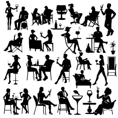 Çeşitli pozlarda oturup şarap ya da kokteyl içen bir grup siyah insan. Beyaz arka planda bar, salon ya da sosyal temalar için izole edilmiş şık figürler. Vektör modern koleksiyonu.