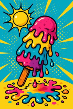Sıcak güneşin altında çizgi roman sanatında renkli eriyen buzlu dondurma. Pembe, sarı, mavi ve mor renkli parlak damlalar yere çarpıcı ışınlar ve yarım tonlu noktalar. Vektör.