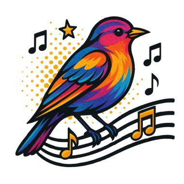 Müzik hatları üzerinde şarkı söyleyen, yarım ton arkaplan, canlı ve neşeli renkli bir kuşun vektör pop çizimi. Beyaz üzerine izole tasarım.
