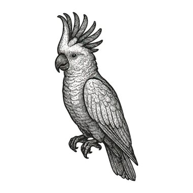 3D Detaylı Klasik oyma stili papağan resmi. Beyaz arka planda siyah beyaz egzotik kuş çizimi. Vektör deseni.