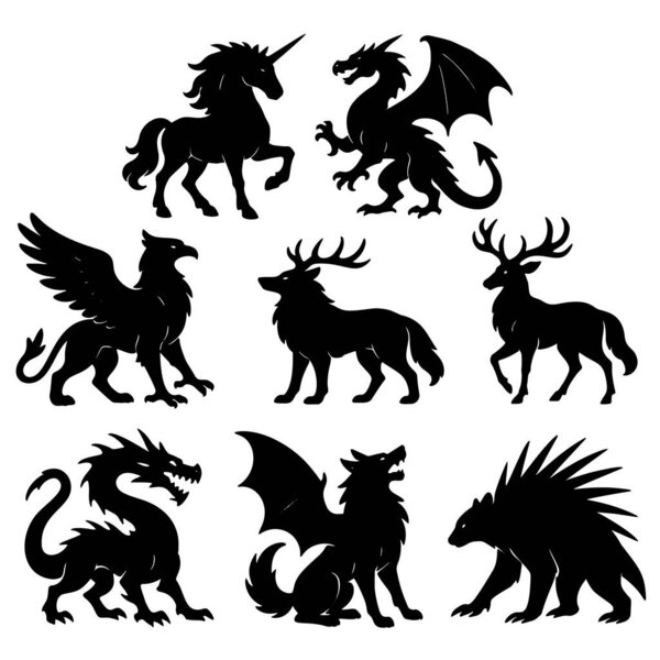 Set of fantasy animal silhouettes including dragon, unicorn, griffin, and other mythical creatures. Black vector icons collection isolated on white background.