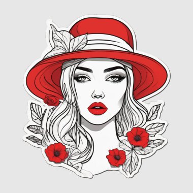 Kırmızı dudaklı ve şapkalı güzel bir kadın portresi, kırmızı çiçekler ve yapraklarla çevrili. Siyah, beyaz ve kırmızı tonlarda zarif moda çıkartması çizimi. Kadınsı ve modern tasarım.