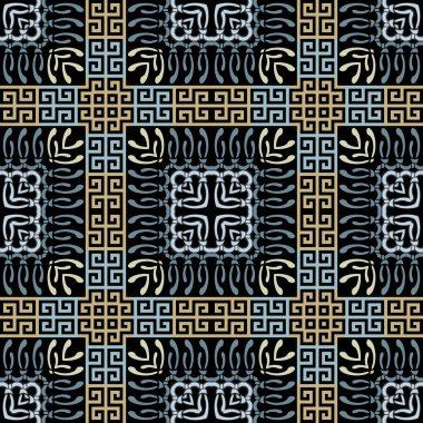 Yunan anahtarına sahip kusursuz etnik geometrik desen, süs şekilleri, çizgiler, çerçeveler, mavi, bej ve siyah arkaplanda fildişi sınırları. Dekoratif geleneksel stil sonsuz vektör dokusu.