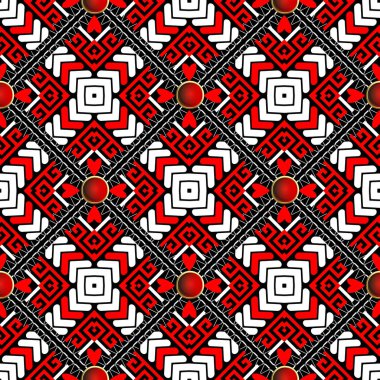 Yunan anahtar yolları, sembolleri, geometrik motifleri, okları, üç boyutlu düğmeleri ve aşk kalpleriyle kırmızı, siyah ve beyaz kusursuz etnik desen. Geleneksel halk tarzı tekstil tasarımı. Sonsuz metin taşıyıcı.