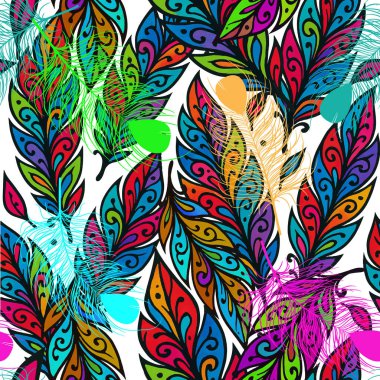 Renkli süs tüyleri ve beyaz arka planda narin tavus kuşu tüyleri olan kusursuz soyut desen. Dekoratif kabile etnik boho tarzı vektör tasarımı. Sonsuz parlak dekoratif doku.