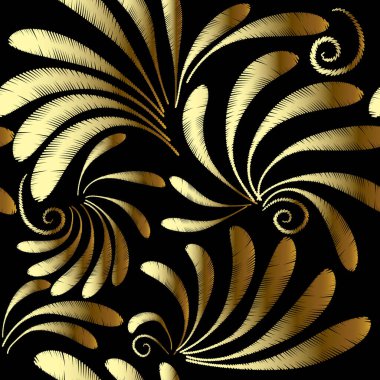 Siyah arka planda altın işlemeli, kıvrımlı desenli, pürüzsüz bir el çizimi deseni. Lüks dekoratif tekstil tasarımı. Etnik tarzda altın çizgiler sonsuz süslerle süslenirdi..