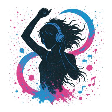Kulaklıklı dans eden kadının graffiti tarzı silueti, canlı mavi ve pembe lekeler, notaları ve ritm enerjisi olan soyut grunge müzik sanatı. Beyaz arkaplanda izole vektör tasarımı.