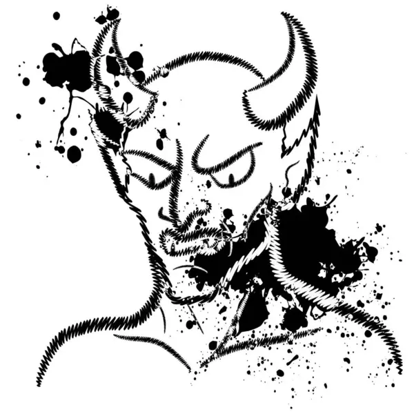 Şekil verilmiş el çizimi siyah mürekkeple çizilmiş şeytani bir figür sıçramış ve çatlamış çizgiler var. Beyaz arka planda korkunç soyut vektör sanatı. İzole edilmiş modern şeytani şeytan tasarımı.. 