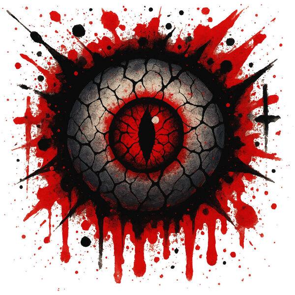 Разбитый демонический глаз с красной радужной оболочкой и зрачком рептилии, окруженный брызгами крови и пятнами чернил. Фантастическая иллюстрация ужасов с готической проклятой эстетикой. Векторная изолированная конструкция на белом.