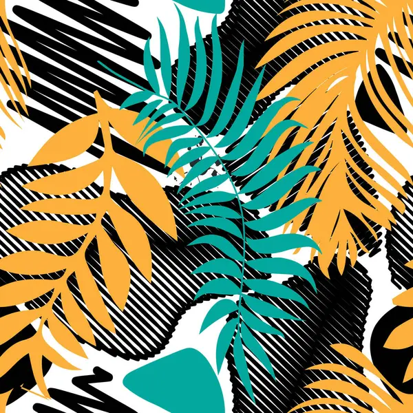 Kusursuz tropikal izler, soyut şekiller, çizgiler, karalamalar ve kalın hatlarla çizilmiş el çizimleri. Turuncu, turkuaz, siyah ve beyaz renklerde yaz ormanı yaprakları. Modern vektör arkaplanı.